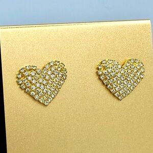 Vintage Pave Heart Button Earrings Gold Tone Post Back Pierced